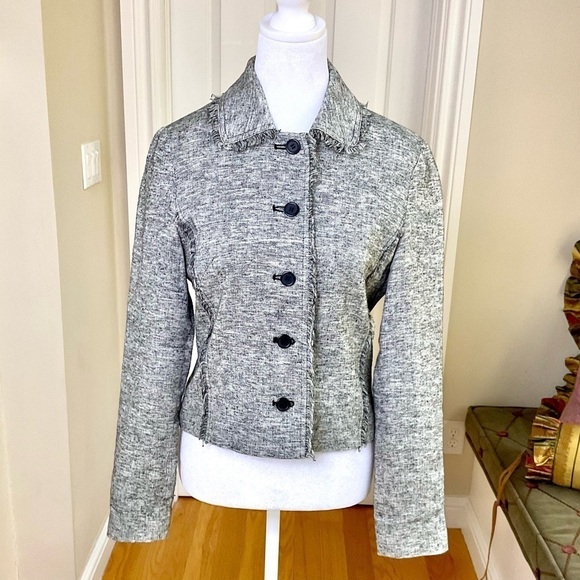 The Limited Blazer Linen Blend Black White Fringe Trim Minimalist (S) - Picture 1 of 8